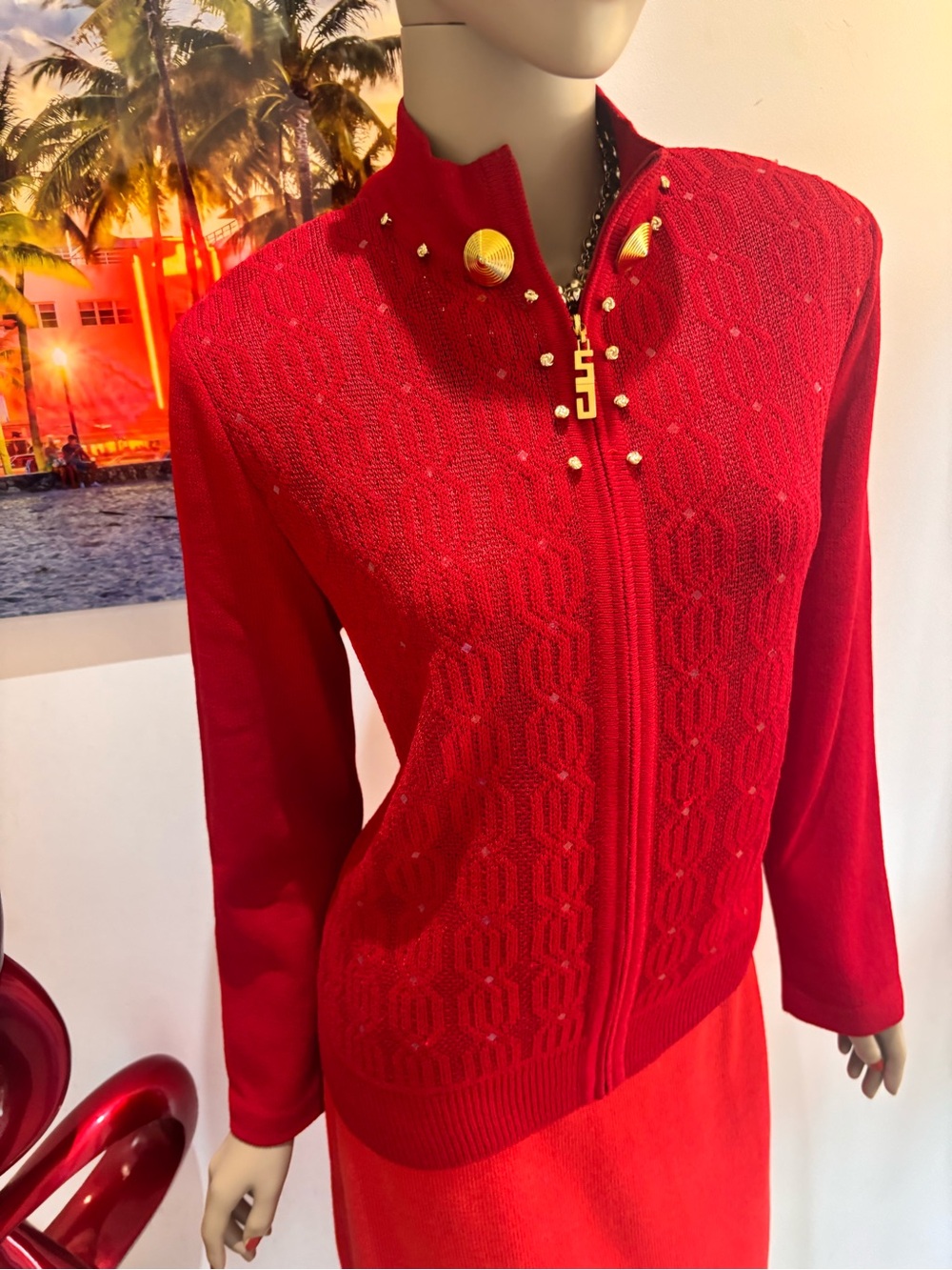 St. John vibrant Red Knit Zip-Front Jacket Gold Studs embellished Medium